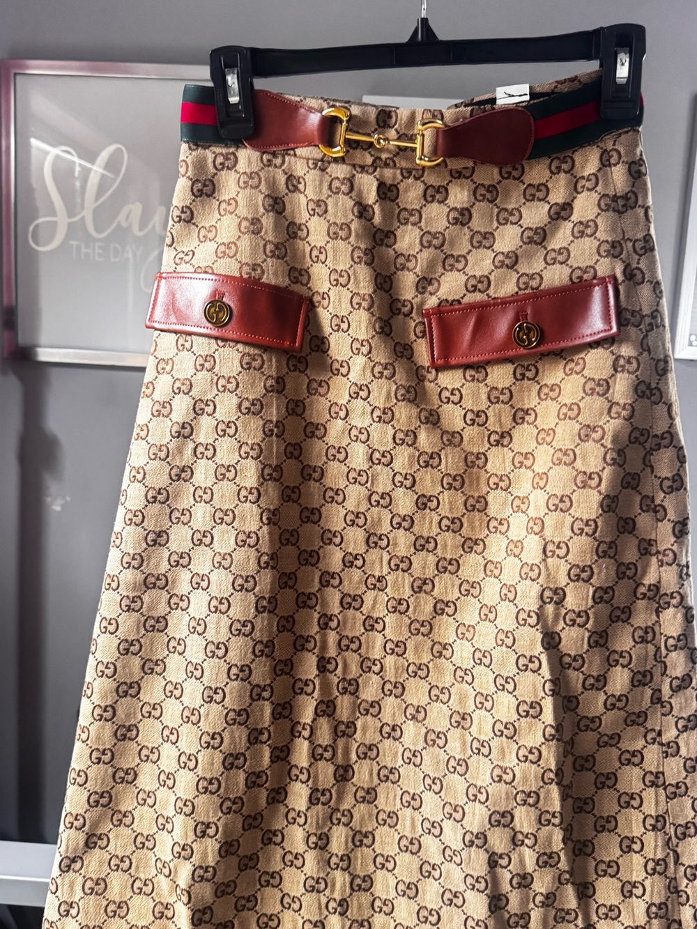 Gucci Beige GG Canvas A-Line Skirt with Brown Leather Trim and Gold Hardware - Picture 3 of 3